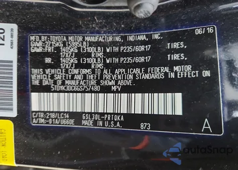 2016 Toyota Sienna Xle z USA, uszkodzony, nr VIN 5TDYK3DC6GS757480